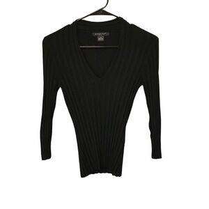 August Silk Y2K ribbed black sweater women S V-neck 3/4 sleeve fitted silk blend